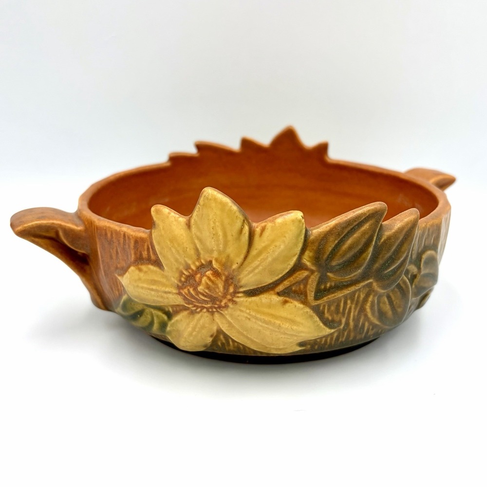 Roseville Pottery Brown Clematis Console Bowl Vtg 1940s #456-6 Closed Handles